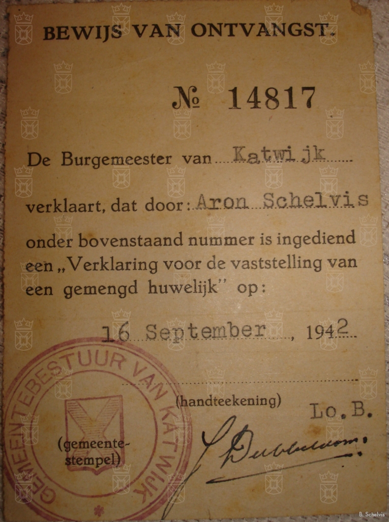 Ontvangstbewijs van de gemengd huwelijk verklaring van Aron Schelvis.