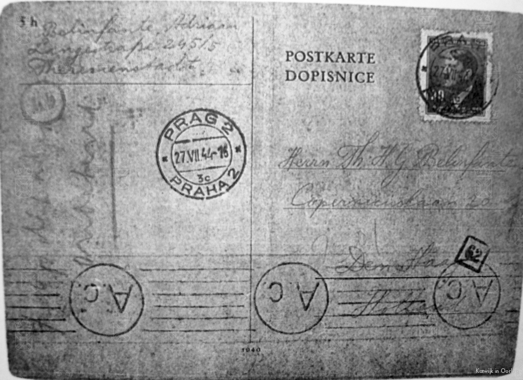 Een kaart die Adriaan Belinfante stuurde vanuit Langstrasse 245/5 te Theresienstadt aan een familielid in Den Haag.
