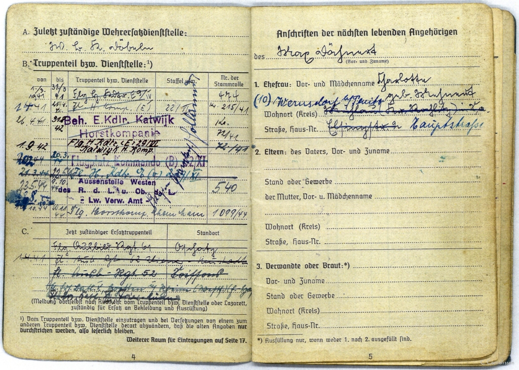 Een greep uit het soldbuch van Obergefreiter Dälmert die in 1941 en 1942 gestationeerd was op Flugplatz Katwijk.