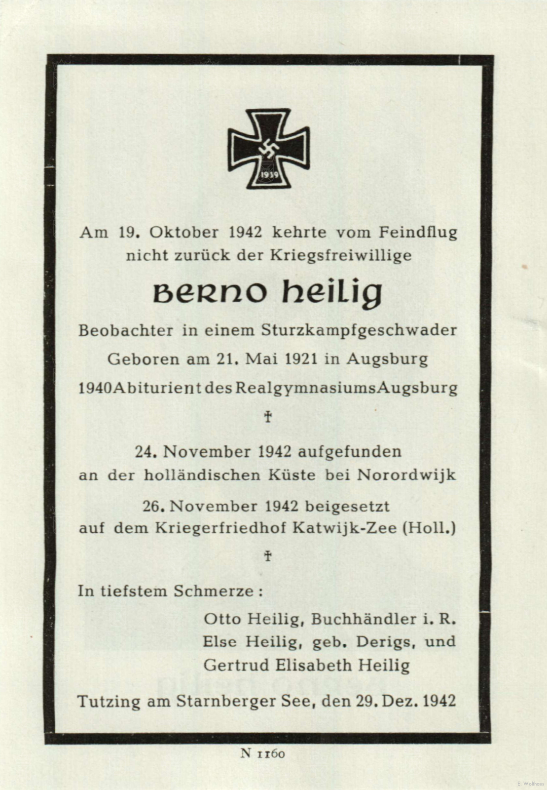 Het bidprentje uitgegeven ter nagedachtenis aan Berno Heilig.
