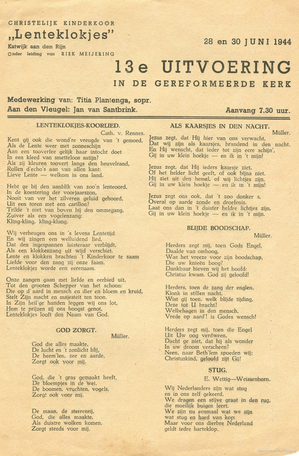Een aankondiging voor een uitvoering van de Lenteklokjes in 1944.