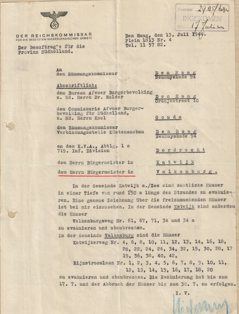 Het Duitse bevel tot afbraak van de woningen aan de Katwijkerweg en Rijnstroomlaan.