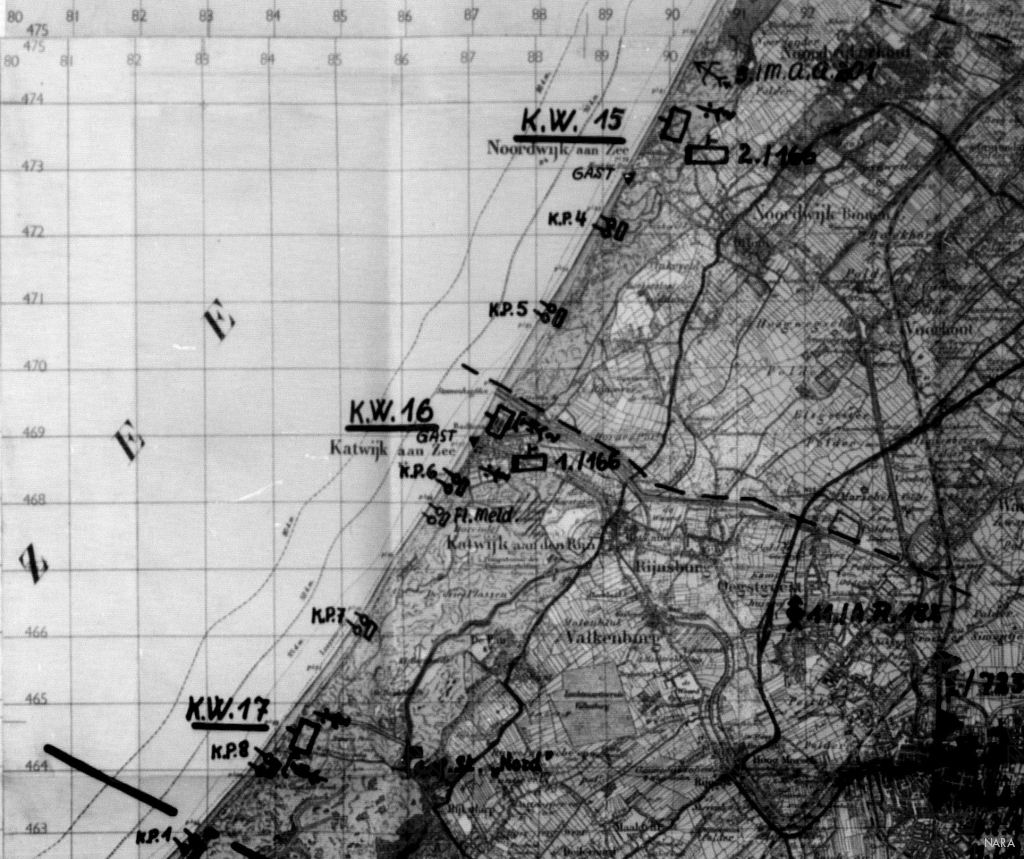 Overzichtskaart met de Küstenwachen en Küstenposten bij Katwijk en Noordwijk.